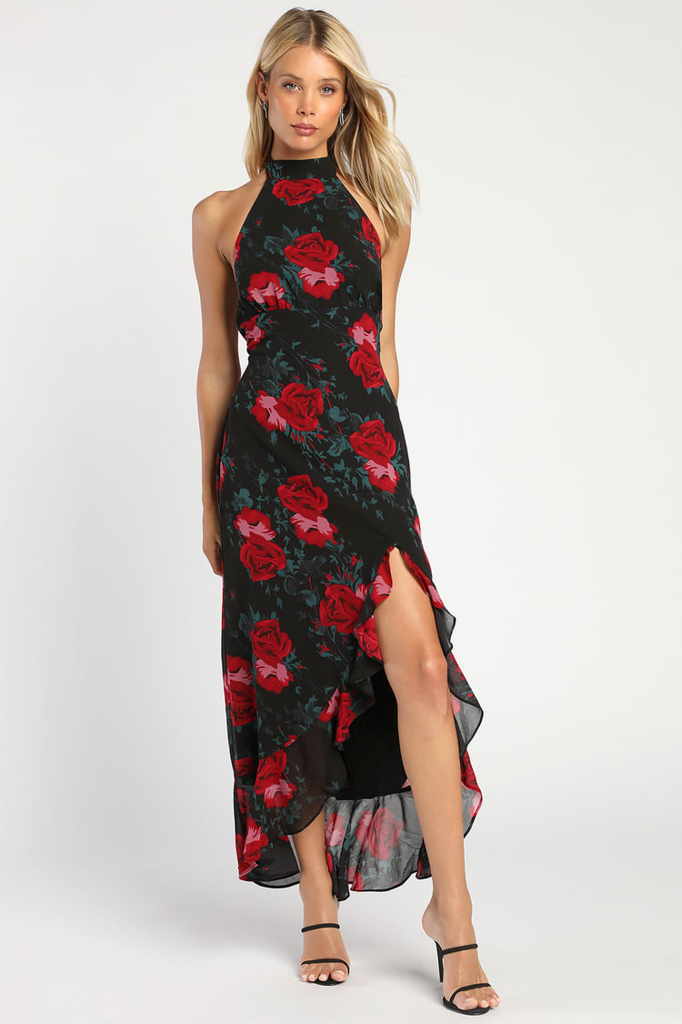 Floral Print Dress - Halter Dress - Black Red Dress - Maxi Dress - Lulus