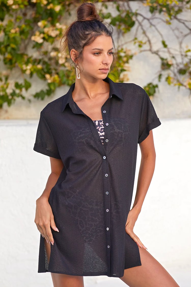 Black Collared Cover-Up - Button-Front Swim Cover-Up - Cover-Up - Lulus