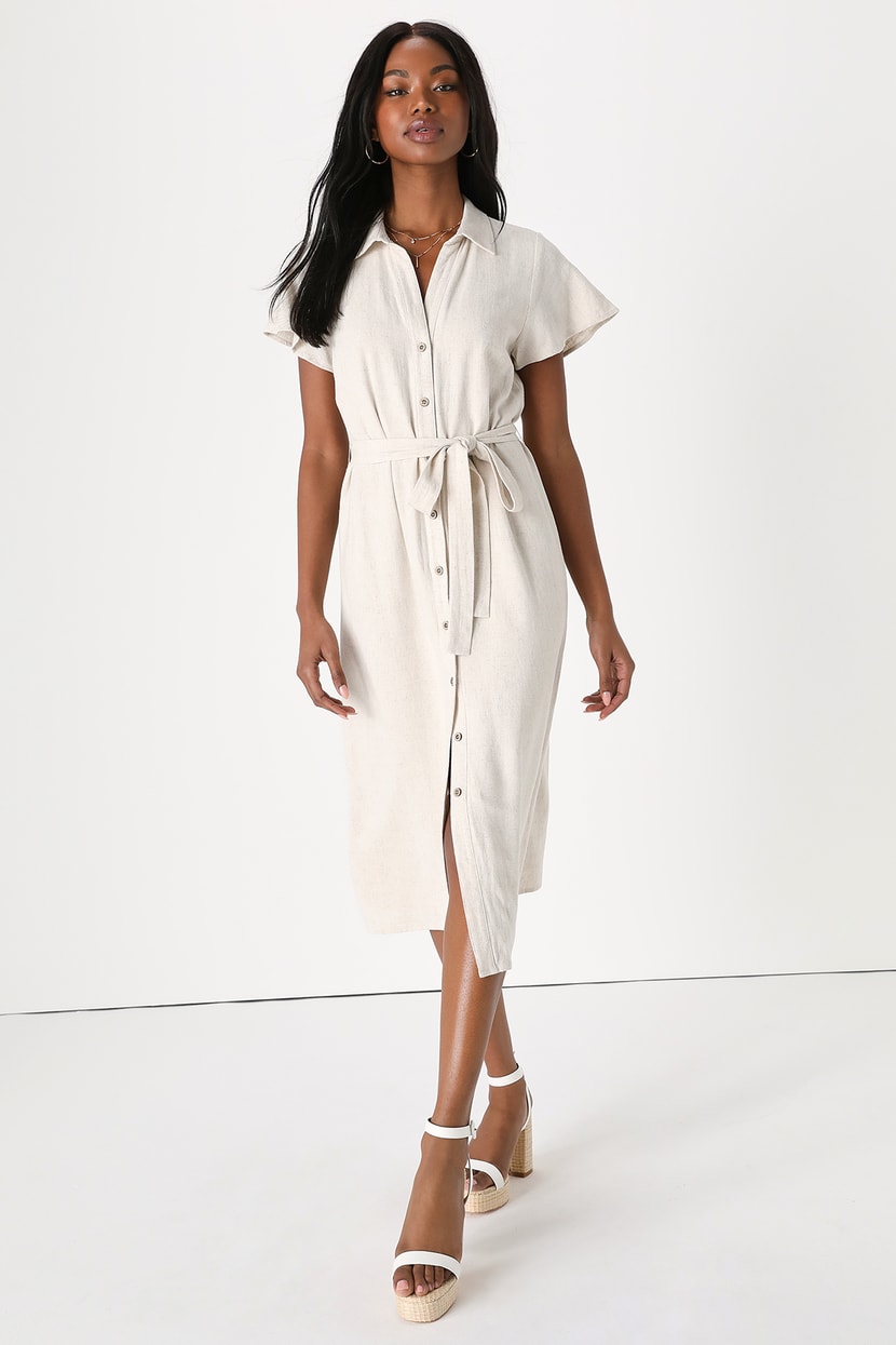 Beige Linen Dress - Button-Up Dress - Short Sleeve Midi Dress - Lulus