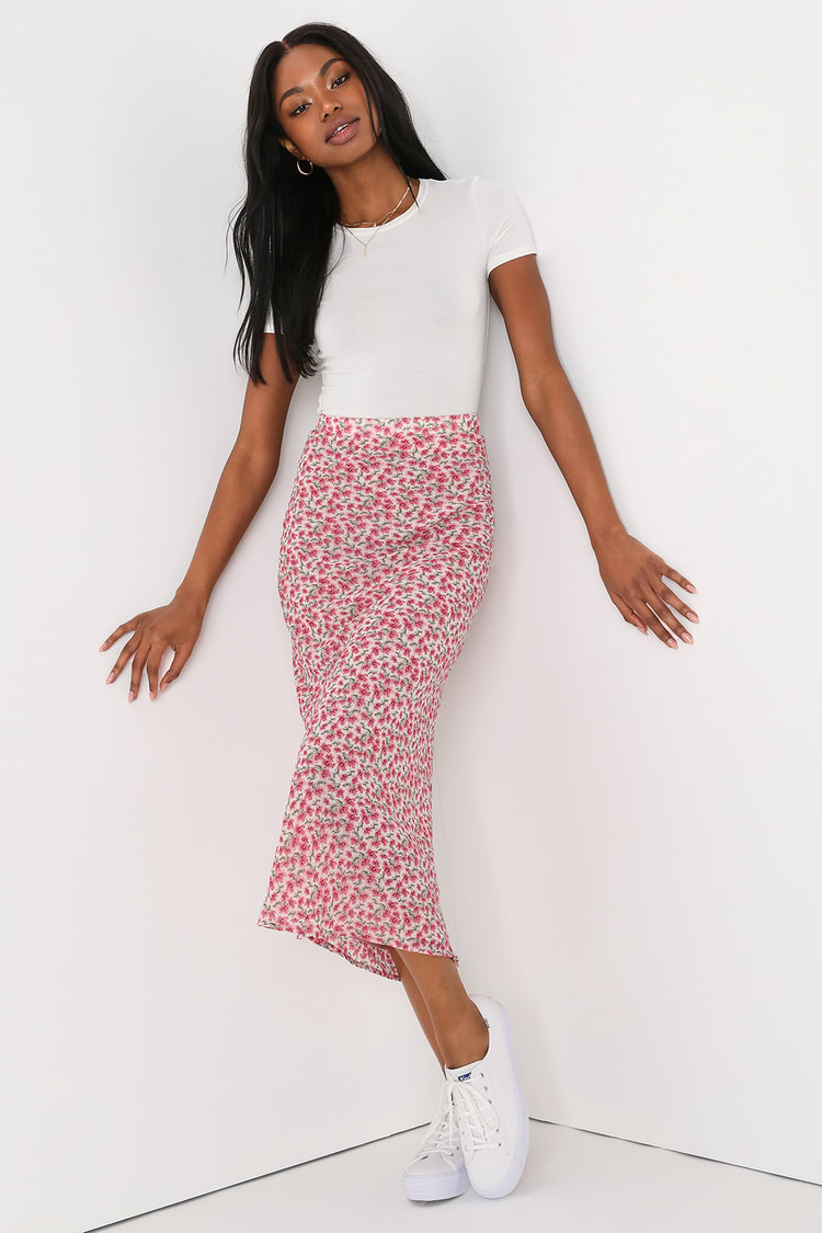 Pink Floral Print Skirt - Ditsy Floral Skirt - Midi Floral Skirt - Lulus