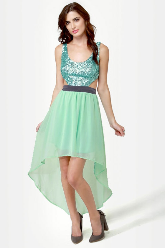 Pretty Sequin Dress - High-Low Dress - Backless Dress - Mint Green ...