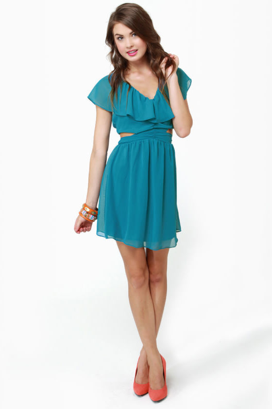 Cute Ruffle Dress  Teal Dress  Cutout Dress  $47.00  Lulus