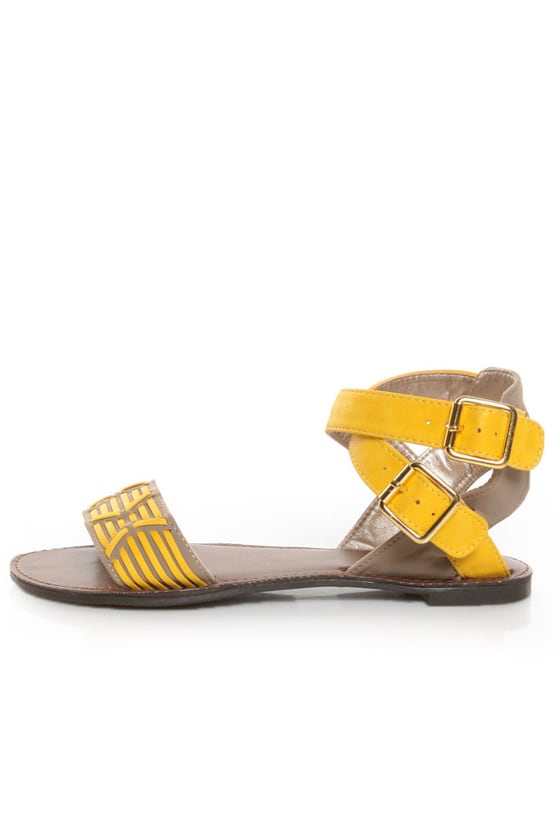 Qupid Athena 514A Yellow & Taupe Patterned Flat Sandals - $27.00 - Lulus