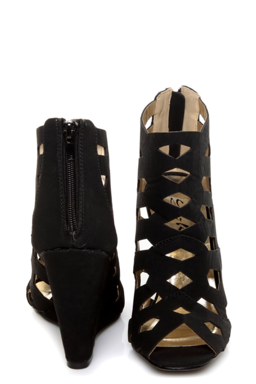 Yoki Donya Black Cutout Cage Wedge Booties