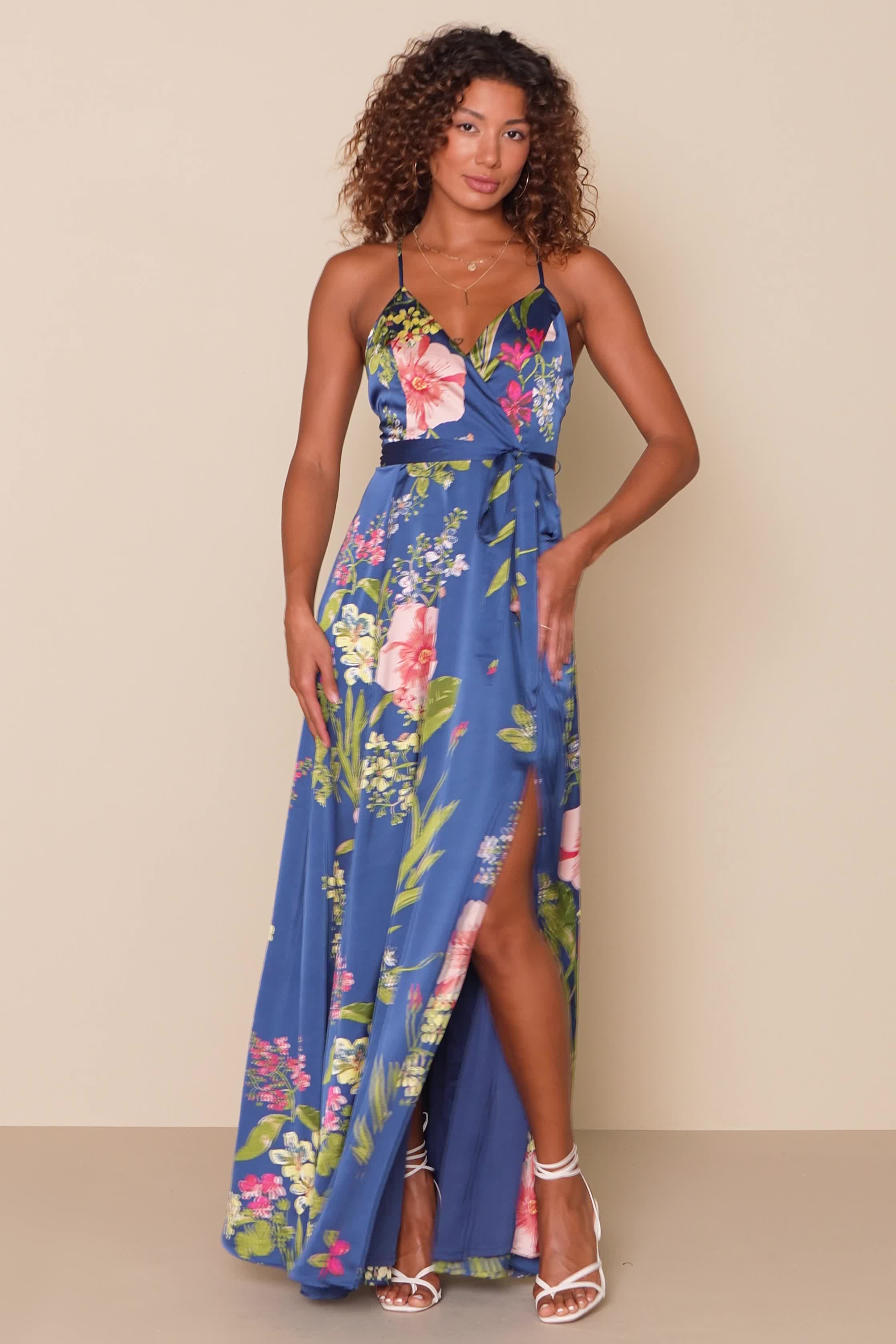 Blush Pink Floral Still fashion the One Satin Maxi Dress