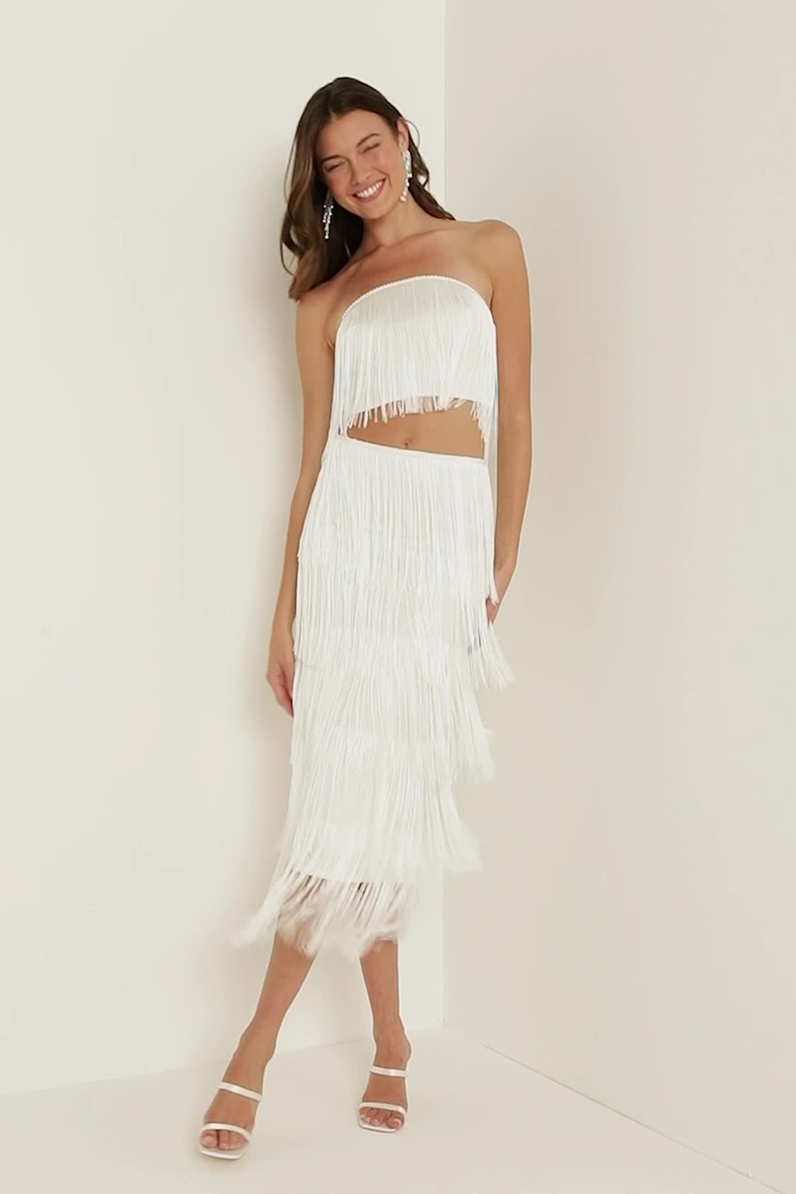 White Fringe Strapless Two-Piece Midi Dress | Womens | X-Small | 100% Polyester | Lulus